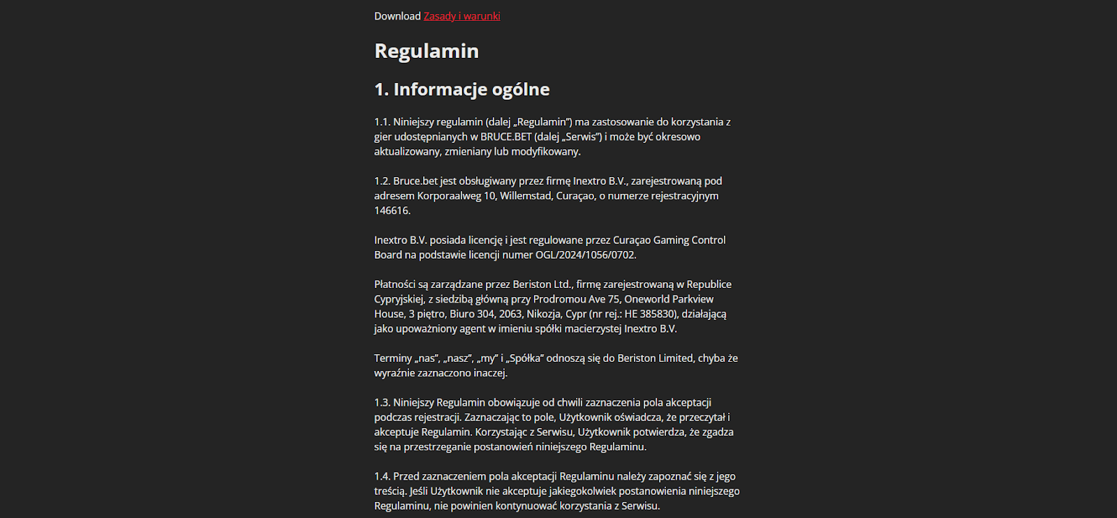 bruce bet regulamin