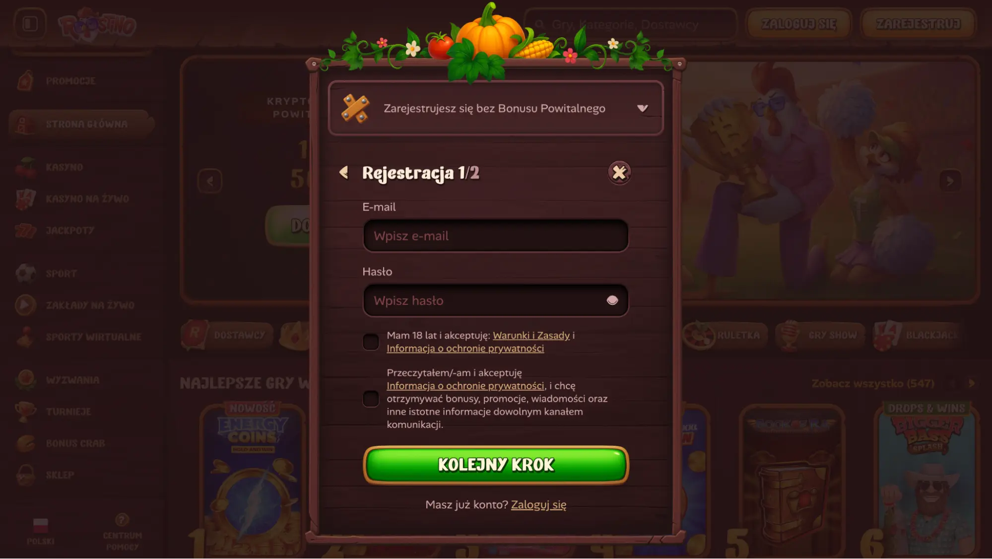 roostino casino rejestracja krok 2