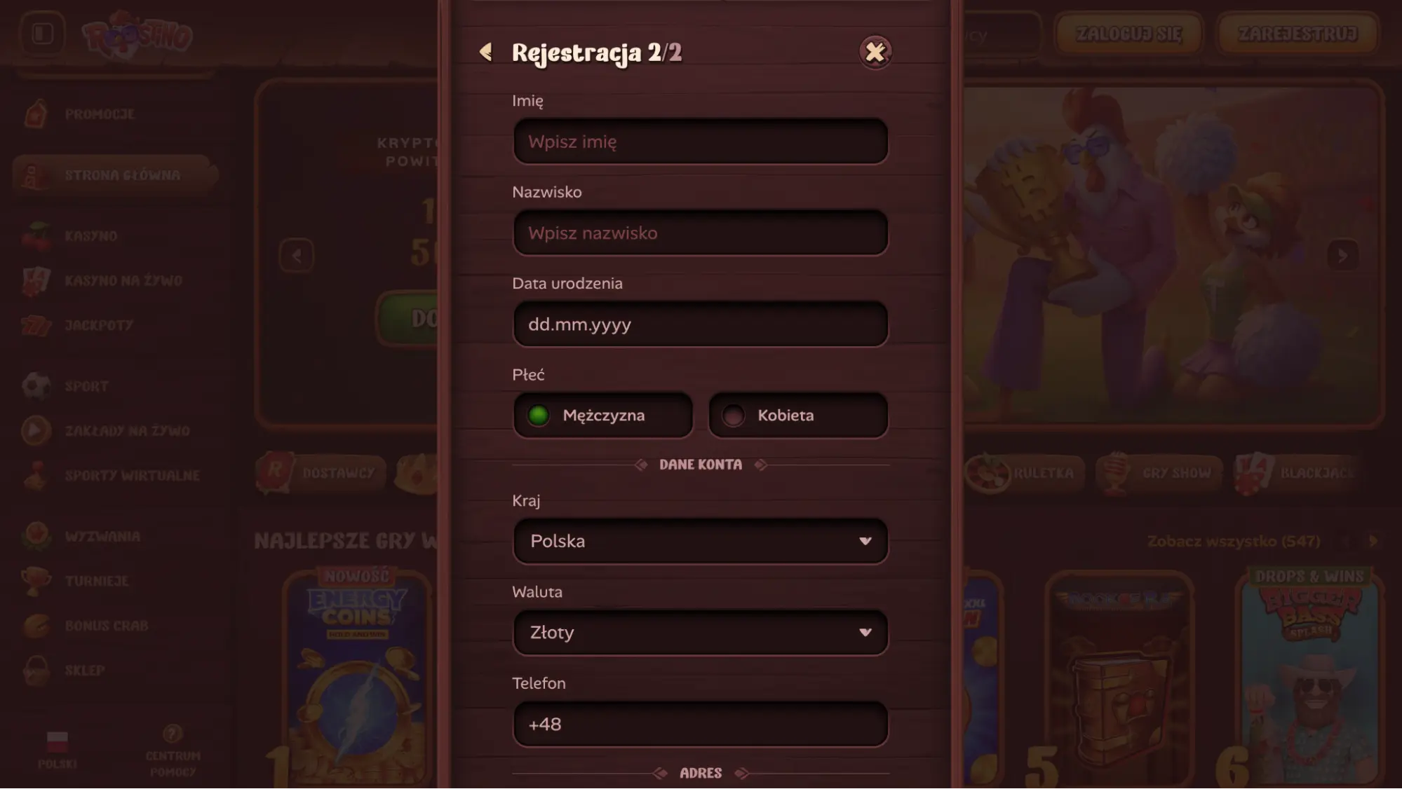 roostino casino rejestracja krok 3